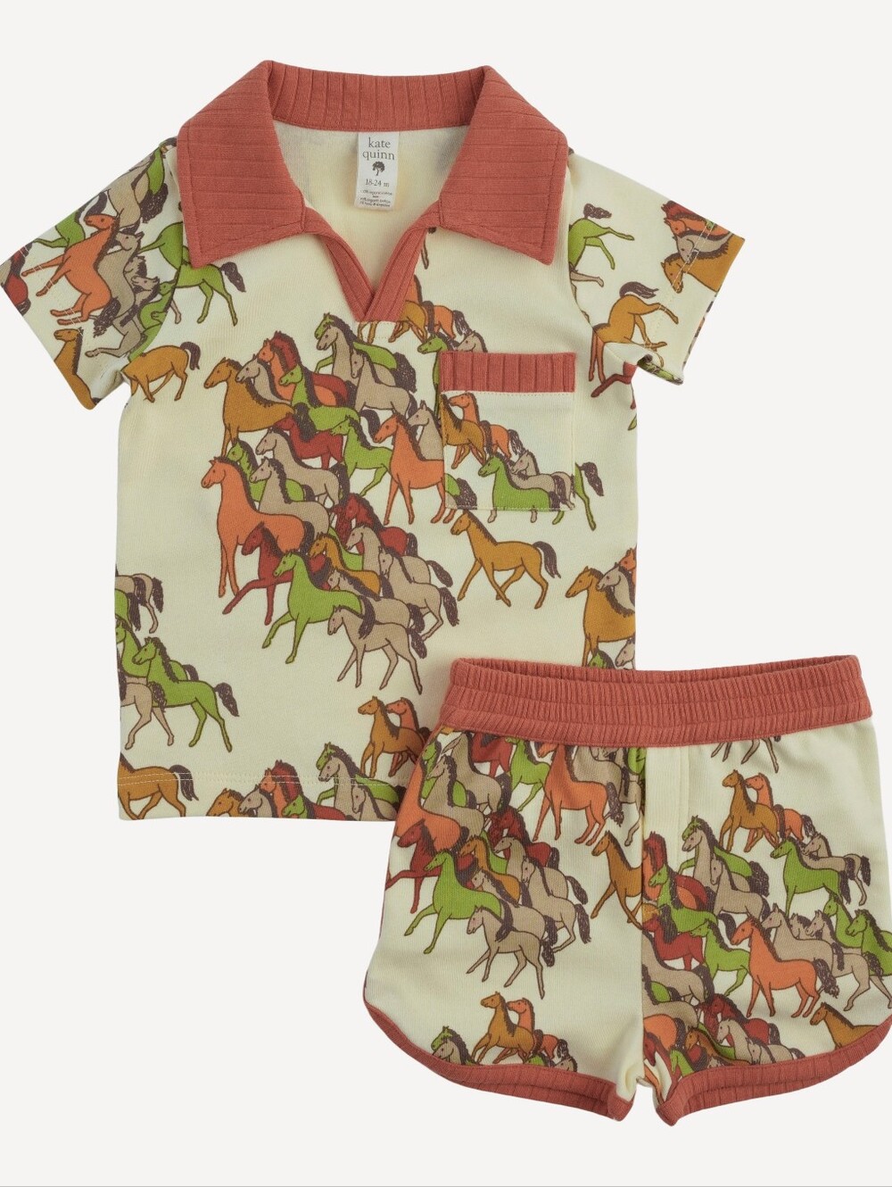 NWT 6Y Kate Quinn retro pocket tee + retro track short set horse party cotton